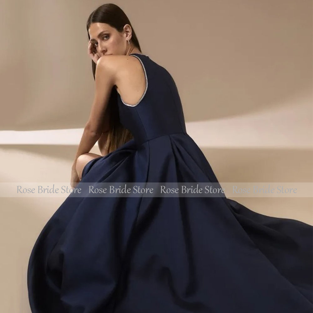 Navy Blue Satin Evening Dresse - Elegant Satin Evening Gown Split ulasan dan harga