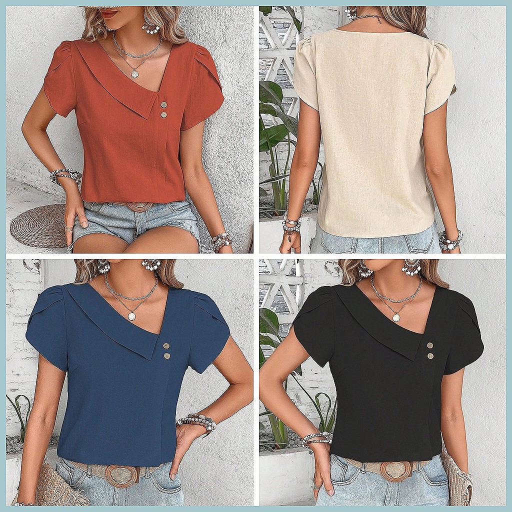 2024 Summer Vintage Solid Colo - Blouses ulasan dan harga