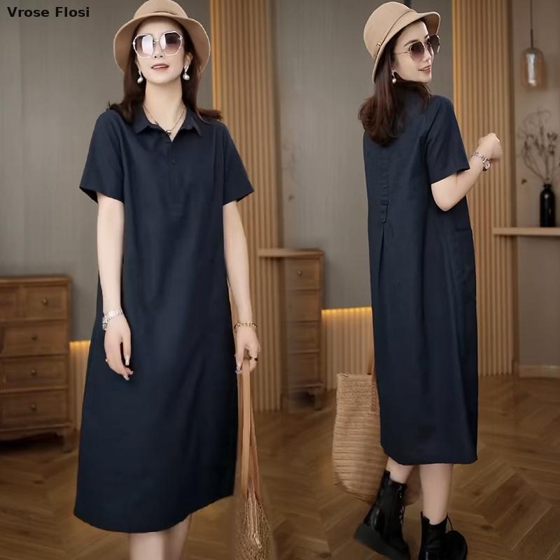 Dress Women's Summer 2024 New  - Casual Loose Linen Shirt Dress ulasan dan harga