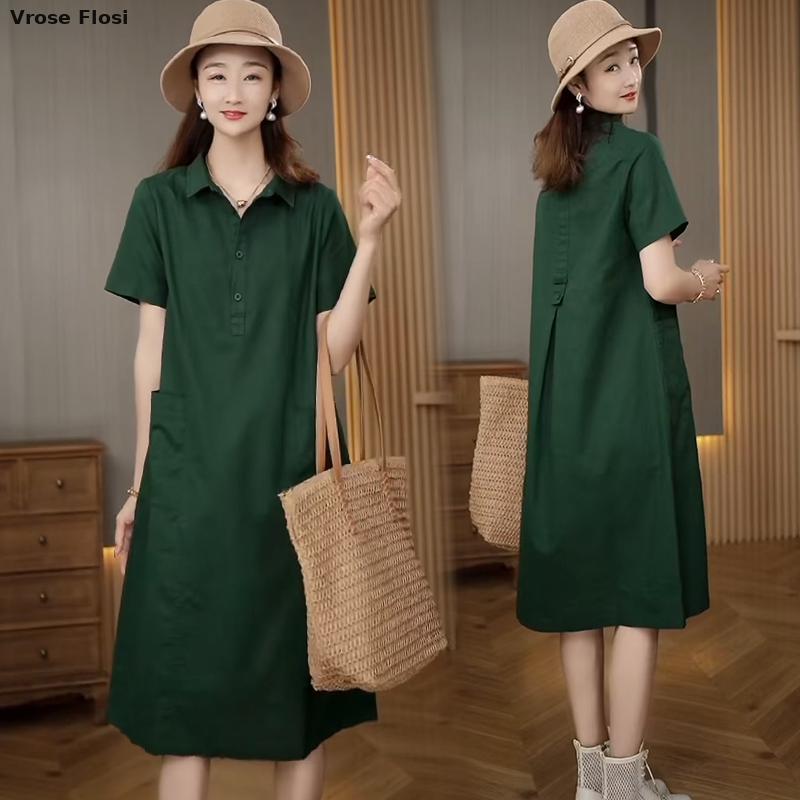 Dress Women's Summer 2024 New  - Casual Loose Linen Shirt Dress ulasan dan harga