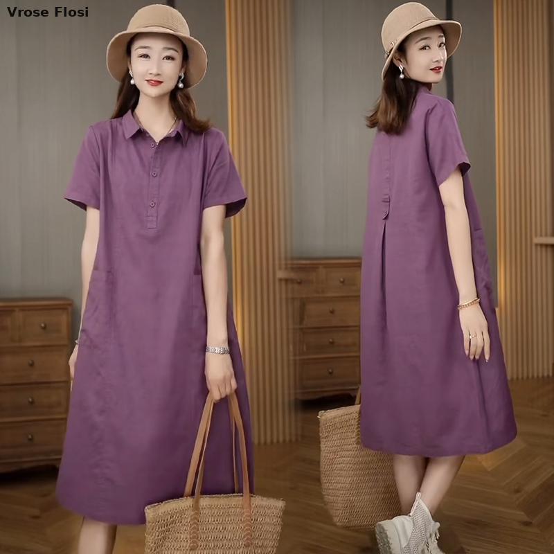 Dress Women's Summer 2024 New  - Casual Loose Linen Shirt Dress ulasan dan harga